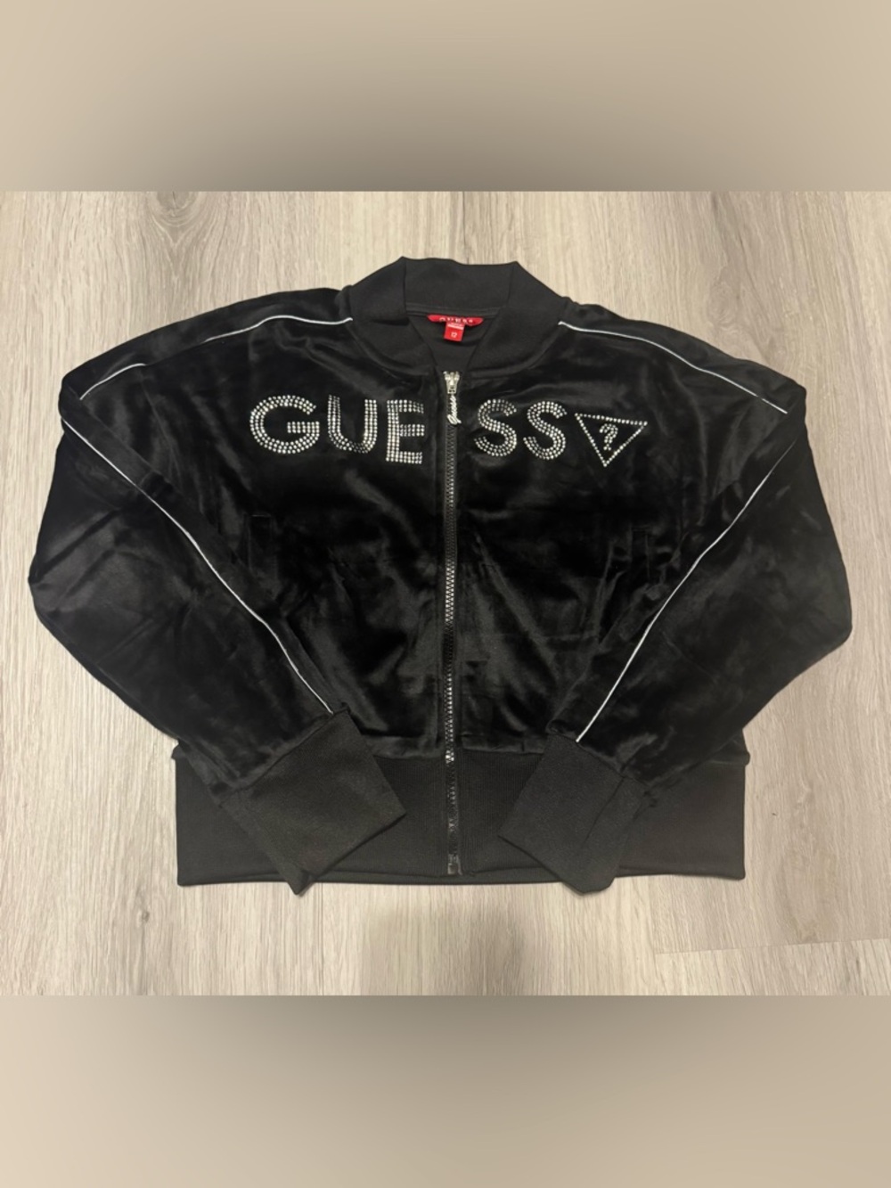 Guess Black Rhinestone Logo Velour zip up-girls Sz 11